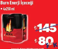 BURN ENERJİ İÇECEĞİ 4X250 ML fiyat ve kampanya bilgisi